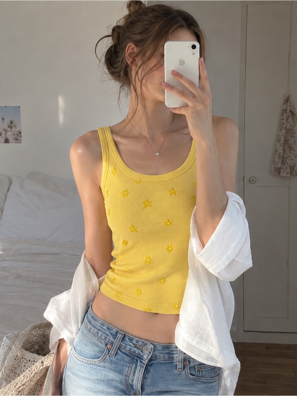 Y2K Yellow Floral Embroidered Ribbed Tank Top Size 0